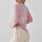 Women's Yoga Sports T-Shirt Drawstring Light Thin Loose Fit Irregular Hem Long Sleeve Fitness Cover Shirt