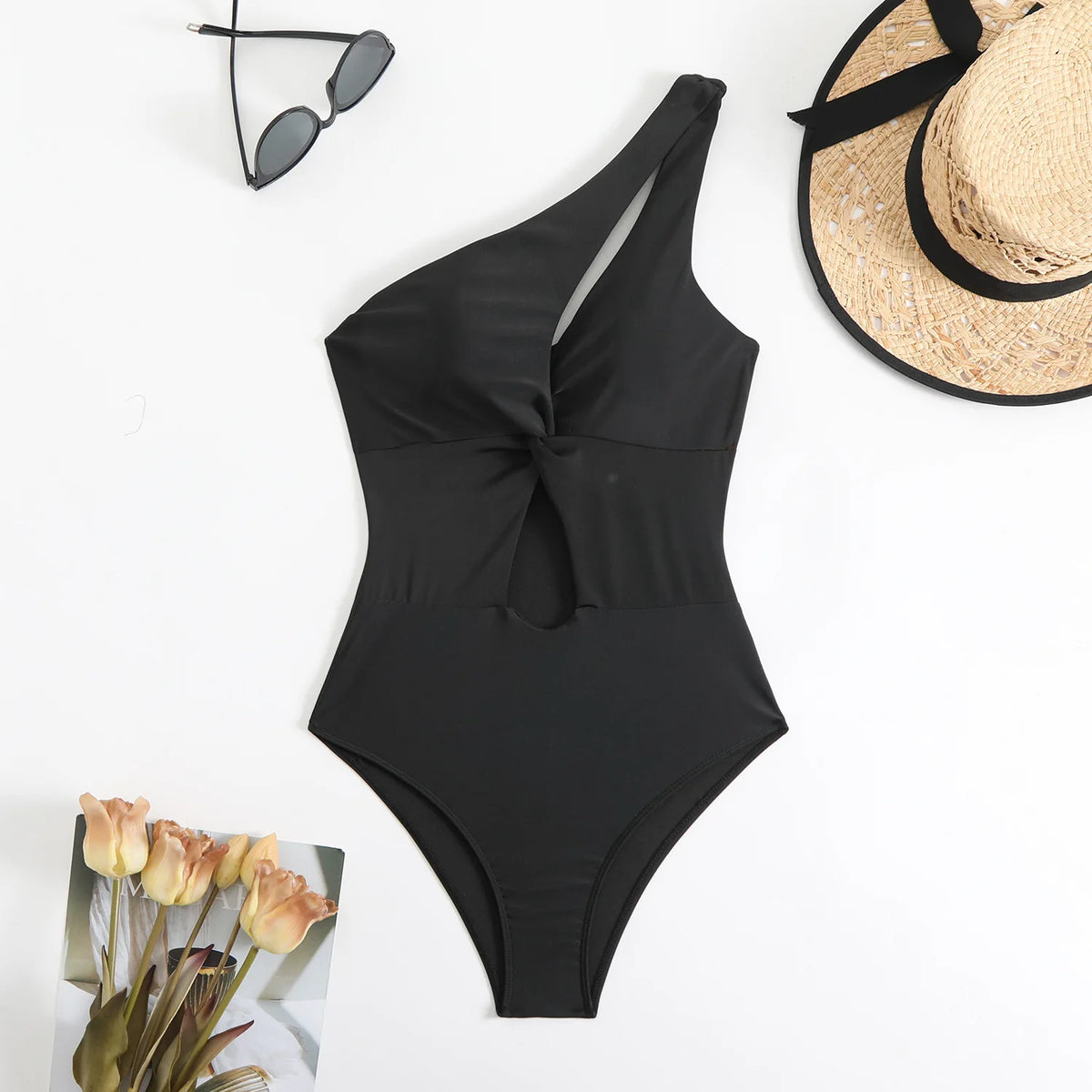 Vintage Black Swimwear Women 2026 Sexy One Shoulder Front Cross Hollow Out Slim One Piece Swimsuit Beach Bathing Suit Monokini