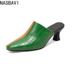 NASBAVI New Breathable Hollow Slippers Stone Pattern Leather Pumps Women Chunky Heels Mules Black Dress Shoes Big Size 45 46 47