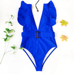 New Sexy Ruffled White Deep V One Piece Swimsuit Women Swimwear Female With Belt Monokini Bather Bathing Suit Swim Lady V2198