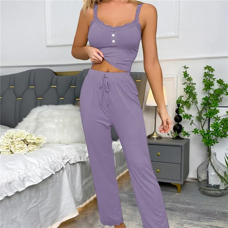 Women Sleepwear Lace Suspenders Tops and Long Trousers Set Two Pieces Pajamas Set Comfortable Loungewear Home Clothes