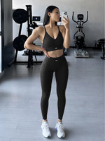 Halter Neck Yoga 2Pcs Set Women Soft Stretchy Top & Long Pants Gym Wear