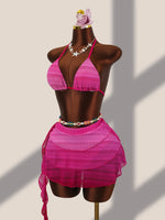 Vintage Hot Pink Gradient Bikini Set 2026 Women Push Up Bra Holiday Mesh Pleate Cover Up 3 Piece Swimsuit Bathing Suit Swimwear