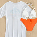 3Pcs/Set Summer Women Bikini Set Solid Color Halter Bra Low-rise Briefs Lace-up See-through Tropical Print Bathing Suit
