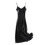 Women Evening Dress V Neck Low Cut Spaghetti Strap Solid Color Backless Dress-up Sleeveless Satin Wedding Party Midi Dress
