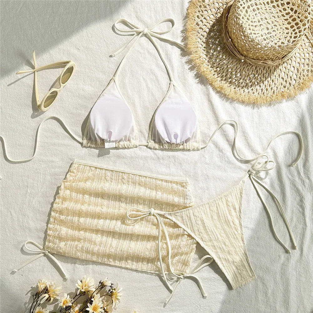 Beige Mesh Cover Ups Swimwear Halter String Triangle Bikinis Sets 3 Pieces Micro Thong Sexy Swimsuit Women 2026 Bathing Suit