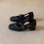 French Single Shoes Women Spring Summer Cutout Woven Square Toe Kitten Heel Block Heel Off-White Sandals