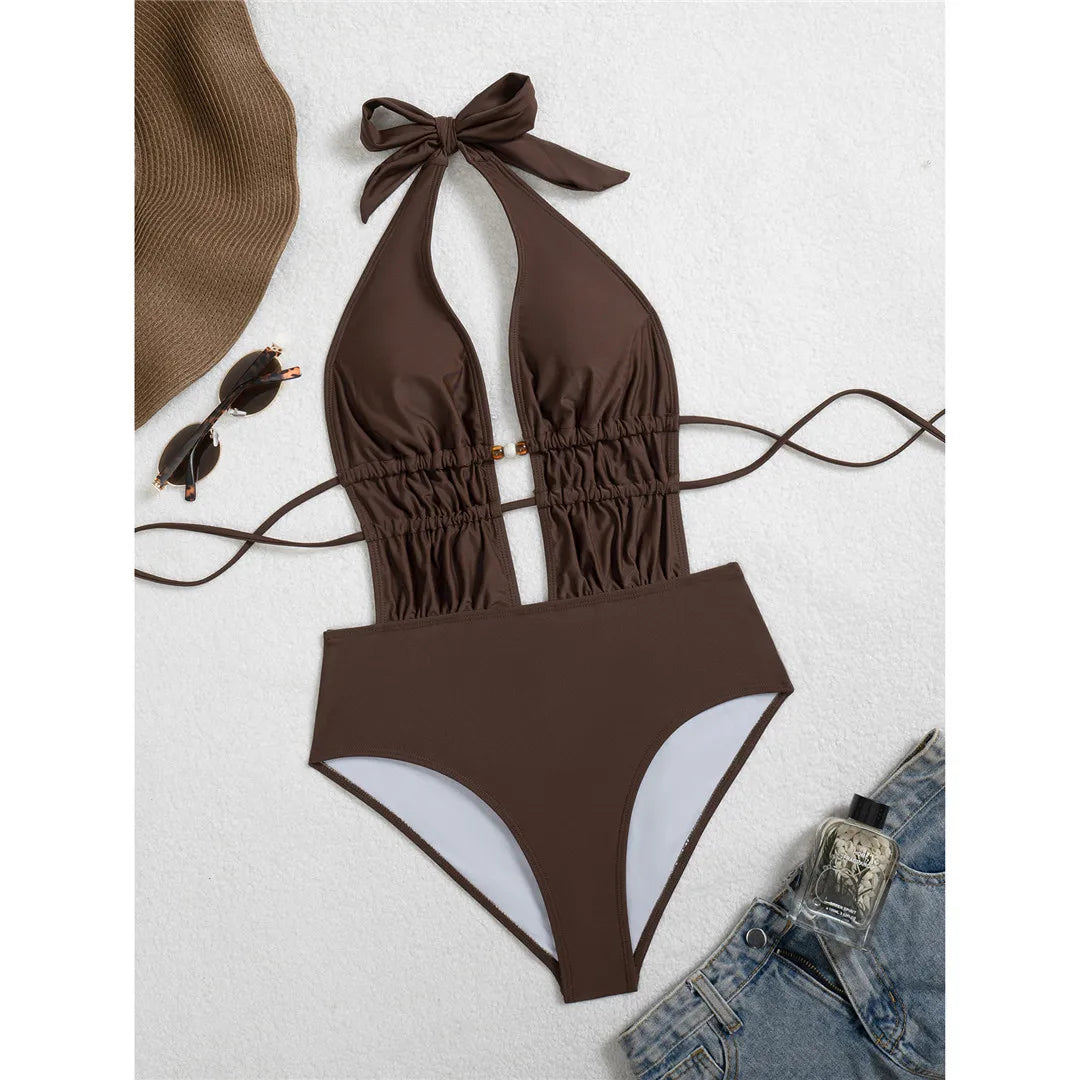 S - XL Deep V Neck Halter Wrinkled Women Swimwear One Piece Swimsuit Female Backless High Leg Cut Bather Bathing Suit Swim V7831