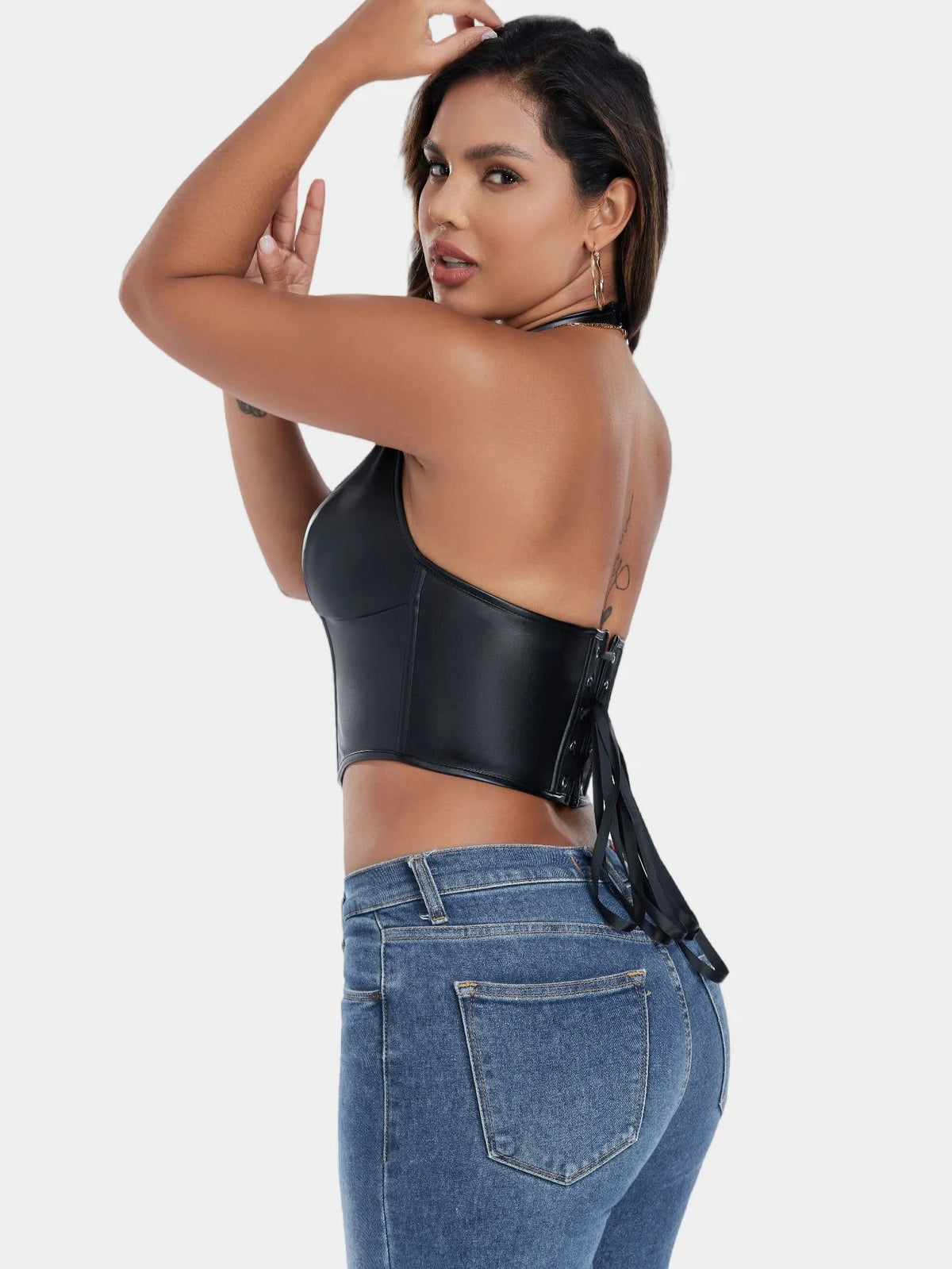 Pure Color Fishbone Shapewear Top Women's PU Leather Neck Buttoned Vest Market Style Underwear And Clothing