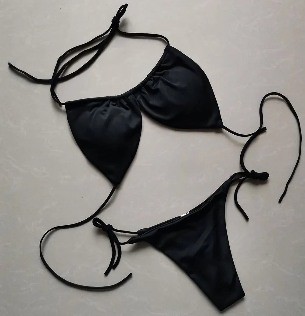 Summer Sexy Bikini set Push-up padded Bra Thong Split Swimwear Female Bandage Bathing Suit Adjustable Lacing Swimsuit Solid
