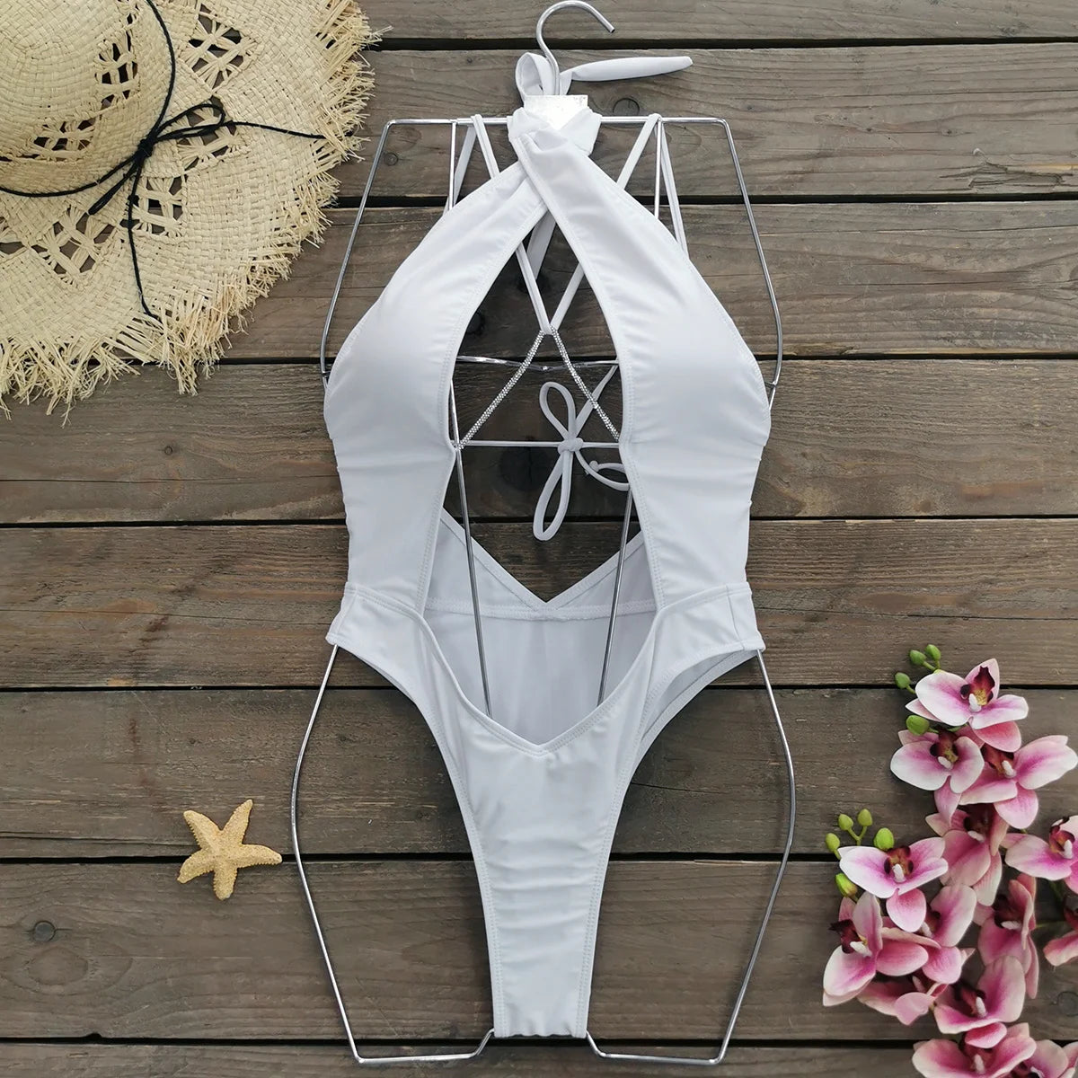 Sexy Hollow Out One Piece Swimwear Push Up Women's Swimsuit2024 Trend Solid Bath suits Halter Monokinis Summer Beachwear