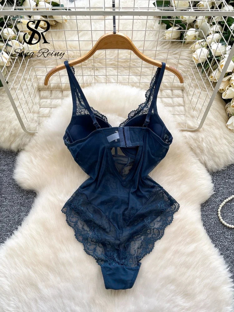 SINGREINY 2026 New Lace Lingerie Bodysuits Female Strap Hollow Out Backless Solid Underwear Floral Mesh Sexy Sheer Playsuits