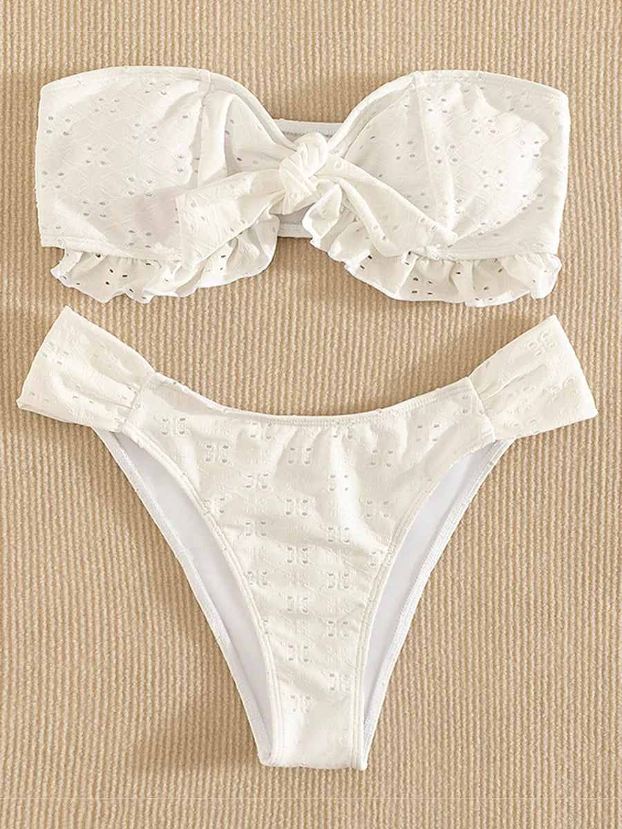 Ruffled Frill Knotted Bandeau Bikini Women Swimwear Female Swimsuit Two-pieces Bikini Set Strapless Bathing Suit Swim Beach Wear