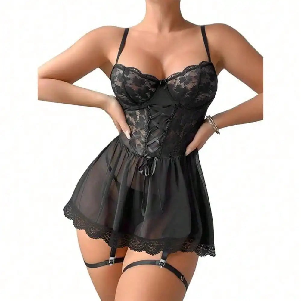 Sexy Garter Belt Mesh Lace Lingerie Dress Set With Thong