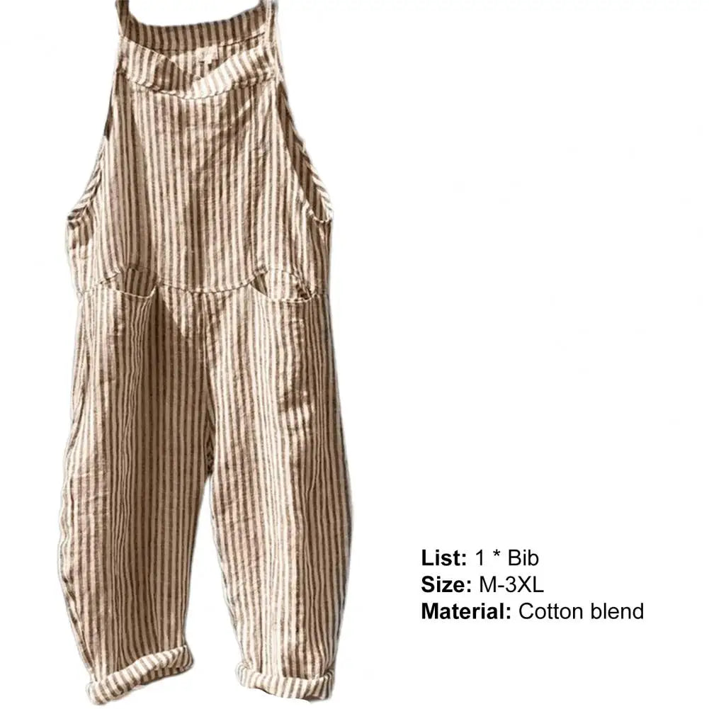 Casual Striped Print Sleeveless Jumpsuit Sling Big Pockets Wide Leg Summer Jumpsuit Women Female Clothing