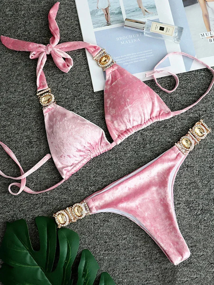 Halter Crystal Rhinestone Diamond Bikini 2026 Female Swimsuit Women Swimwear Two Pieces Bikini set Brazilian Bathing Suit Swim