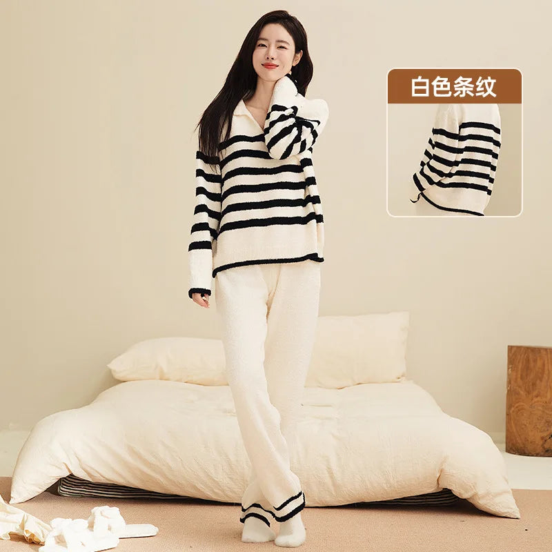 Women Winter Half Fleece Pajama Set Thick Warm Long Sleeve Long Pants Cozy Soft Casual Homewear Loungewear Sleepwear Suit