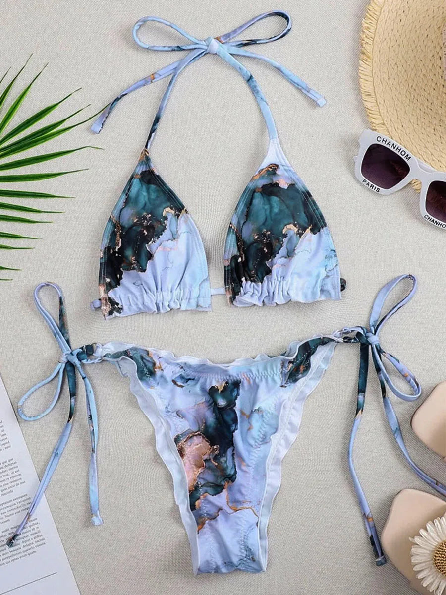 2026 Ribbed Ruffled Frilled Brazilian Bikini Women Swimsuit Female Swimwear Two Pieces Bikini Set Halter Bathing Suit Swim Lady