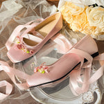2025 Summer Cute Square Toe Ballet Flats Shoes Women with Riband Sweet Satin Slip On Comfortable sole Office Lady Daily Shoes