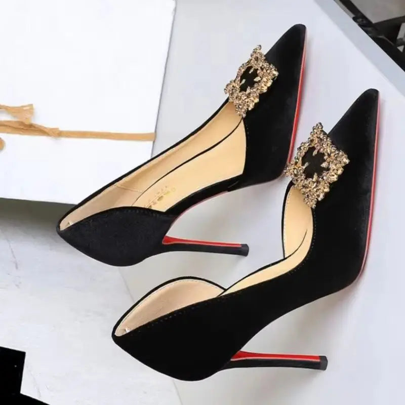 Women 10cm Super High Heels Pointed Toe Side Hollow Work Pumps Metal Crystal Buckle Velvet Stiletto Fashion Banquet Lady Shoes