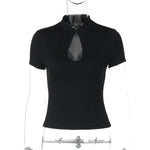 FDYOUI Fashion Stand Collar Button Hollow Out T-shirt for Women 2026 Sexy Short Sleeve Slim Cropped T Shirts Black Wine Red Tops