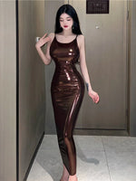 Sexy 2023 Summer Royal Sister Temperament backless Slim Long Lacquer Leather Fashion Solid color Wrap Hip Dress Women's KZCB