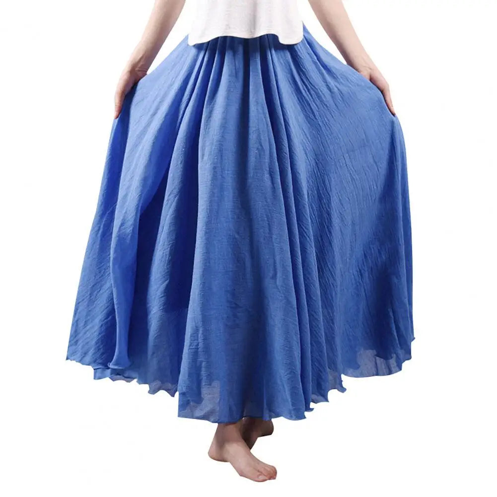 Maxi Skirt Double Layer Women Skirt A-Line Loose Fit Elastic Waist Solid Color Design Flowy Skirt Spring Summer Casual Wear