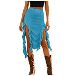 Women Western Boho Midi Skirt High Waist Ruffled Asymmetrical Hem Slit Flowy Summer Skirts Casual Cowgirl Style Streetwear Y2k