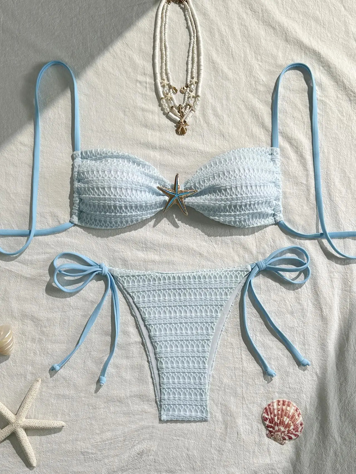 Sexy Sky Blue Micro Bikini 2026 Women Metal Starfish Ornament Pleate Push Up Tie Side Thong Swimsuit Beach Bathing Suit Swimwear