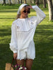 Foridol White Cotton Shorts Set Outfits Women Hollow Out Embroidery Two Pieces Set Outfits Shirt Shorts Matching Set Summer