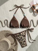 DEKA Sexy Bandage Triangle Bikini Set Brown Leopard Print Micro Swimwear Women Front Tie Push Up Bra Swimsuit 2026 Beach Bathing