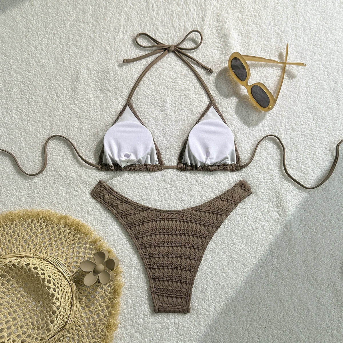 Sexy Knitted Hollow Handmade Crochet Bikini Set Women Pink Bandage Criss Cross Micro Swimsuit Bathng Suit Thong Swimwear
