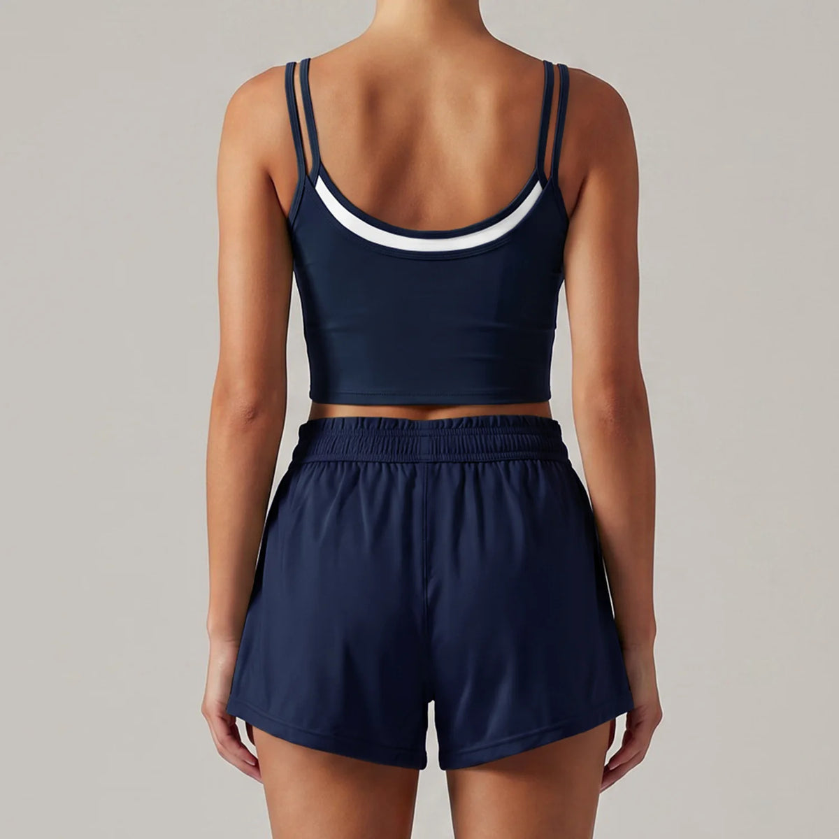 Women's New Summer Yoga Sets Color Blocked Double Strap Workout Tank Top Fitness Suit Drawstring High Waist Short Sport Set