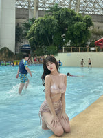 Korean Style Summer Three Pieces Bikinis with Skirt Swimsuit Chain Swimwear Female 2024 Swimming Bathing Suit Pink Beach Wear