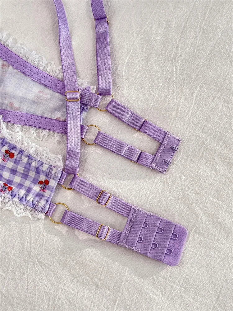 Cherry Print Bralette Set Sweet Lace Trim Women's Lingerie French Style Thin Bra Panty Light Purple Plaid Intimate Underwear Set