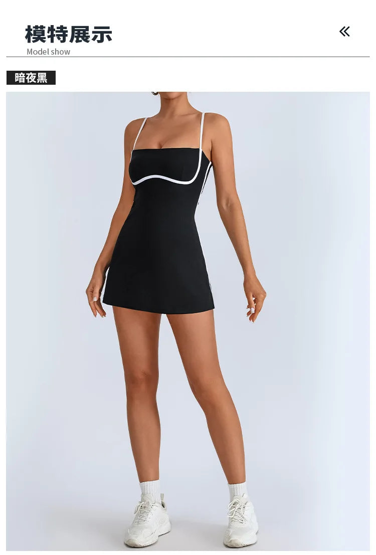 Women's Tennis Dress Summer Sleeveless Pink Contrast Workout Yoga Dresses Build in Shorts Fashion Tight Fitting Skirts Suit