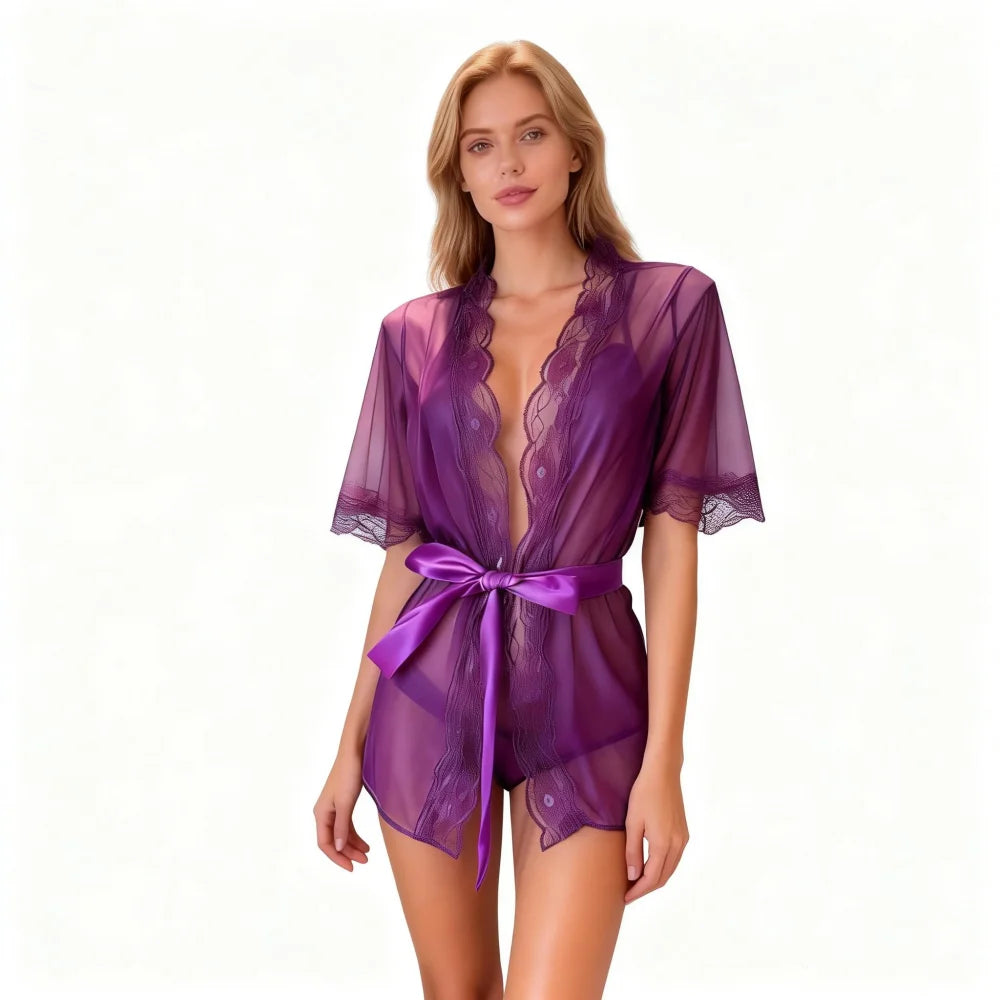 Ladies Sexy Lace Pajamas Evening Dress Sexy Lingerie Transparent Mesh Robe Underwear Solid Color Lace Bathrobe Dress Sex Clothes