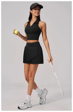 Women's Tracksuit Yoga Set 2 Pieces High Waist Pleate Pocket Skort Fitness Suit Turn Down Collar V Neck Slim Tank Top Sporstwear