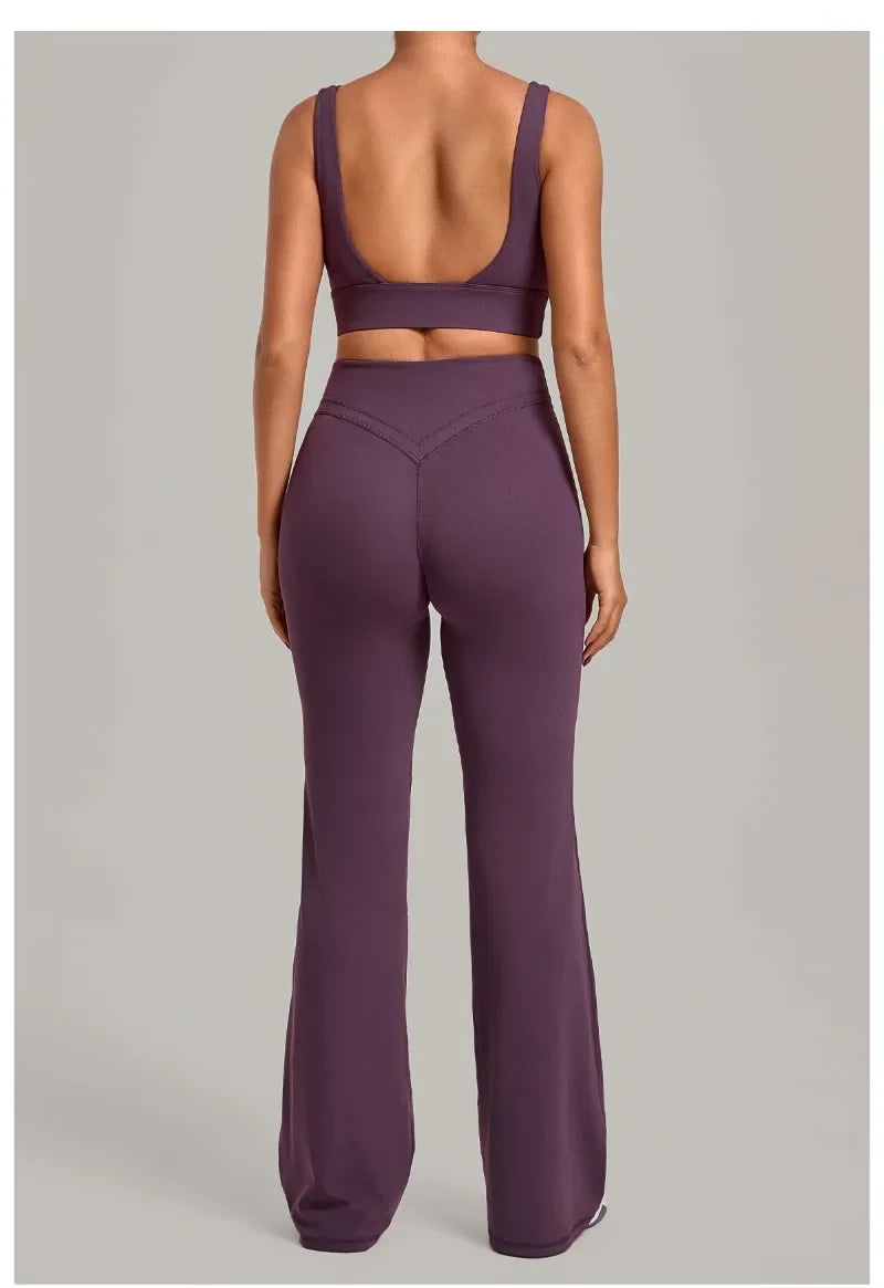Women's Seamless Yoga Sets Sports Fitness Hip-lifting High Waist Flared Pants Backless Bra Suits Training WorkoutLeggings Sets