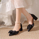 2026 New Pointed Toe Pearl French Heels Block Heel Bow Single Shoes Red Wedding Shoes