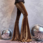 new European and American high-waisted slim shiny silver drape gold velvet bell-bottom casual pants
