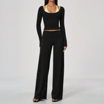 Women 2 Piece Yoga Set Gym Clothing Fitness Suit Workout Tracksuit Running Sportswear Outfits Layered Long Sleeve Wide Leg Pants