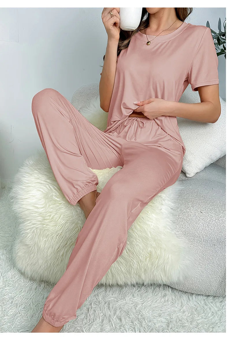 Women's Sleepwear Spring and Summer New Pajamas Women's Short-sleeved Trousers Set Classic Solid Color Casual Loungewear