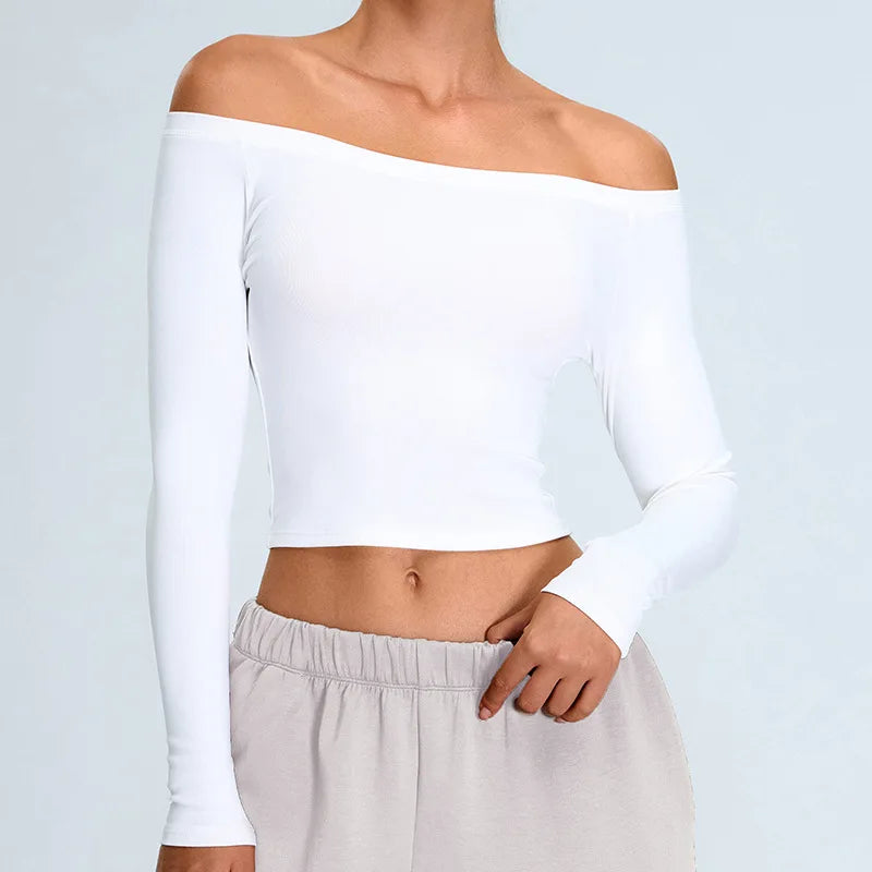 Women Yoga T-shirts Solid Sports Top Off Shoulder Long Sleeve Gym Workout Running Shirts Sexy Quick Dry Fitness Gym Sport Wear