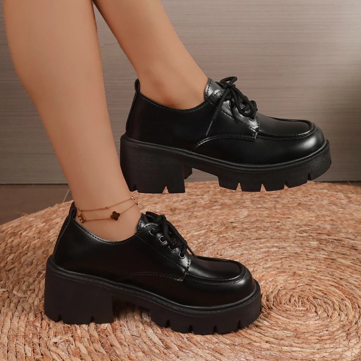 Women Block Heel Platform Oxford Shoes Lace Up Chunky Lug Sole Round Toe Vintage Preppy Casual Dress Shoes Black Brown