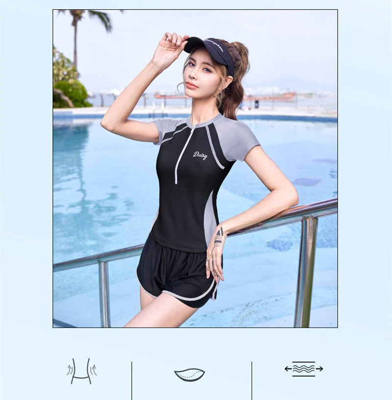 New Short Sleeve High Waist Two Pieces Swimwear Women Swimsuit Hot Spring Surf Bathing Swimming Suit Female Beach Wear