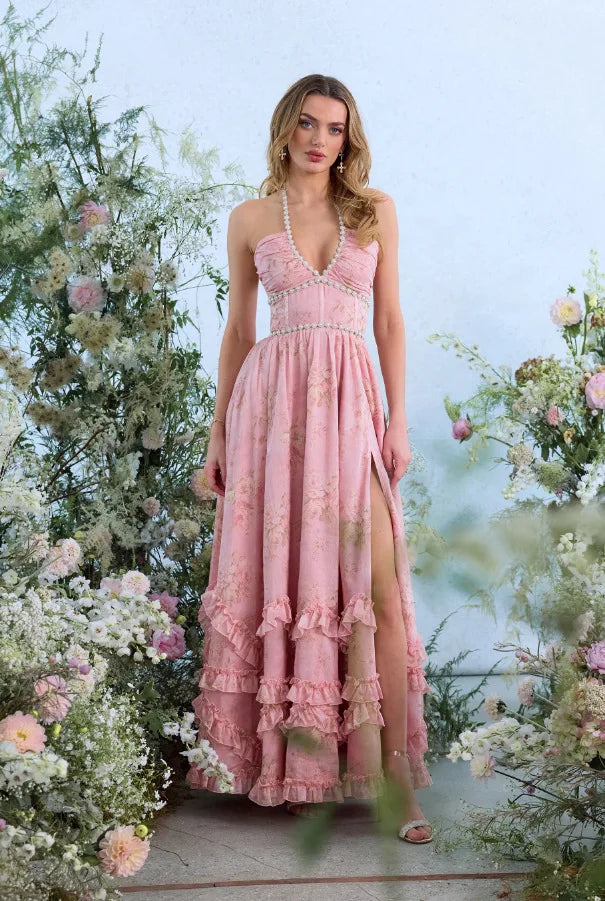 Women's Fashion Flower Print Bead Chain Halter Neck Long Dresses Sexy V-neck Backless Leace-up Slit Dress Lady Party Vestidos