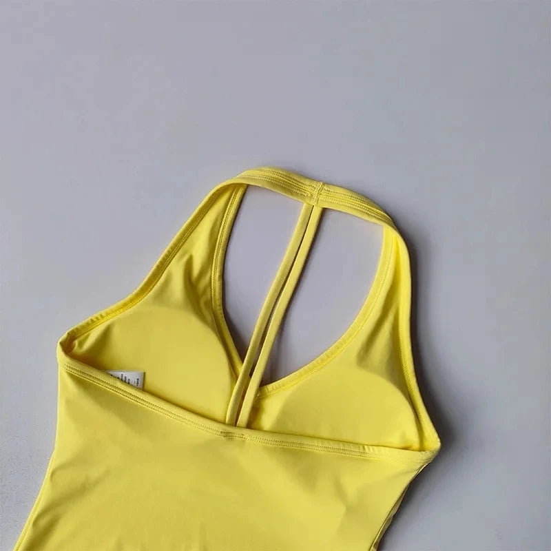 Women's Sexy V-Neck Fitness Bra Nude Sports Bra Hanging Neck Yoga Suit Vest Comfortable Breathable Gym Top for Active Wear