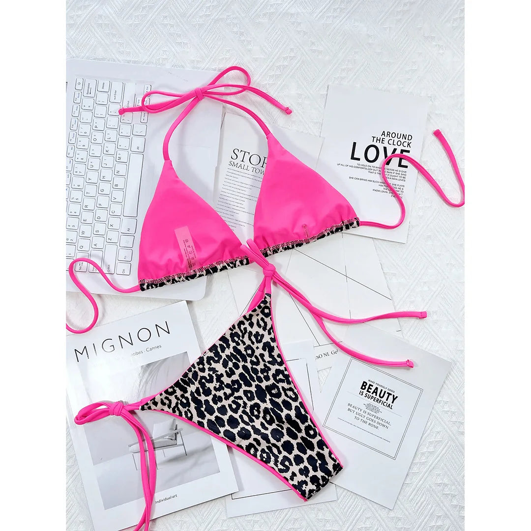 Sexy Leopard Printed Halter Brazilian Bikini Women Swimwear Female Swimsuit Two-Piece Bikini Set Bather Bathing Suit Swim V3681