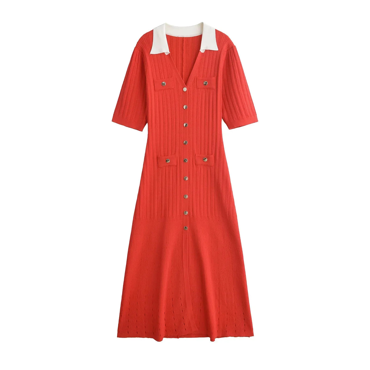 Foridol Red Knitted Polo Dress Autumn Winter Women Dress Casual Elegant Maxi A-line Hollow OutDress Slim Christmas Party